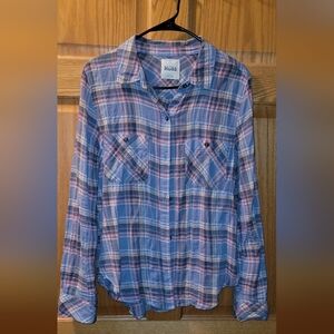 MUDD BRAND LARGE PLAID CUTE FLANNEL SHIRT TOP PINK, BLUES, TAN WOMENS NVER WORE